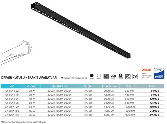 Goya Gy 8044-127 80 Watt Sıva Altı Linear Armatür Teknik Cizim